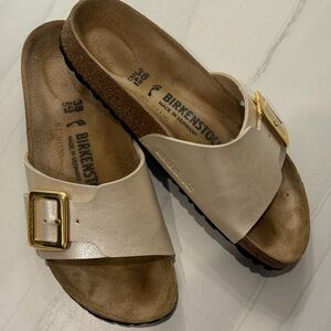 Birkenstock Cream Sandals with Gold Buckle